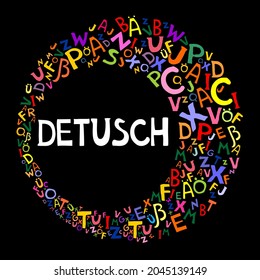 Deutsch. Translation: "German". Learning German. Online education concept. German language hand drawn doodles and lettering. Language education vector illustration.