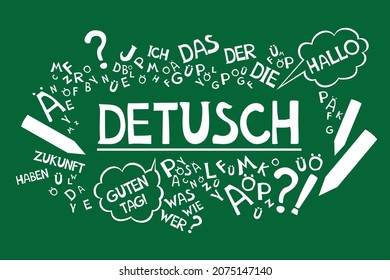 Deutsch. Translation: "German". Learning German. Online education concept. German language hand drawn doodles and lettering. Language education illustration. Vector