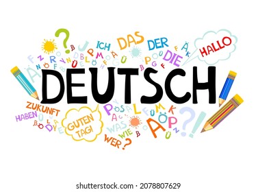 Deutsch. Translation: "German". Learning German Online education concept. German language hand drawn doodles and lettering. Language education Vector illustration for education, foreign language study