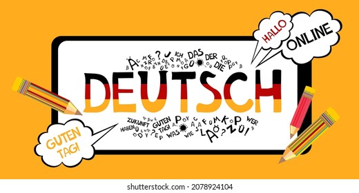 Deutsch. Translation: "German". Learning German. Online education concept. Language learning online service or platform. Professor teaching foreign languages. Children studying foreign vocabulary. 