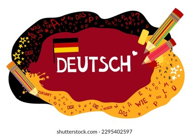 Deutsch. Translation: "German". Learning German Online education concept. German language hand drawn doodles and lettering. Language education Vector illustration for education, foreign language study