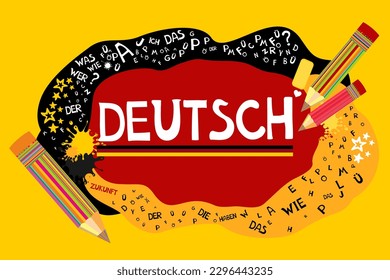 
Deutsch. Translation: "German". Learning German. Online education concept. German language hand drawn doodles and lettering. Language education illustration. Vector