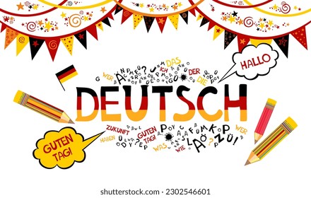 Deutsch. Translation: "German". Learning German Online education concept. German language hand drawn doodles and lettering. Language education Vector illustration for education, foreign language study