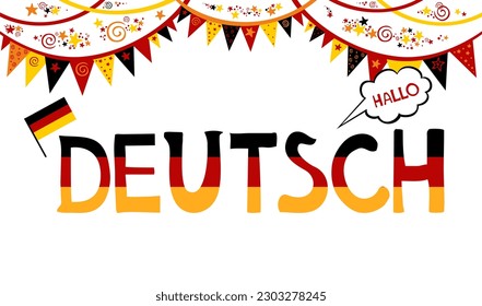 Deutsch. Translation: "German". Learning German Online education concept. German language hand drawn doodles and lettering. Language education Vector illustration for education, foreign language study