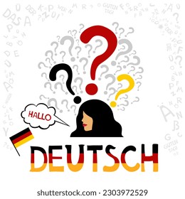 Deutsch. Translation: "German". Learning German Online education concept. German language hand drawn doodles and lettering. Language education Vector illustration for education, foreign language study