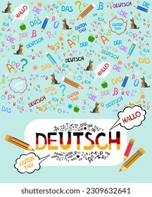 Deutsch. Translation: "German". Learning German Online education concept. German language hand drawn doodles and lettering. Language education Vector illustration for education, foreign language study