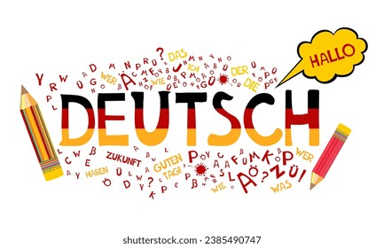 Deutsch. Übersetzung: "Deutsch". Deutsches Online-Bildungskonzept lernen. Deutsch Sprache handgezeichnet Dodles und Schriften. Sprachunterricht Vektor-Illustration, Fremdsprachenunterricht