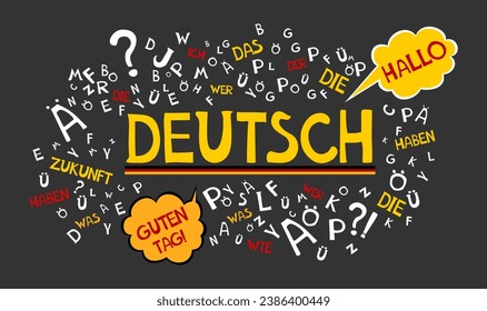 Deutsch. Translation: "German". Learning German. Online education concept. German language hand drawn doodles and lettering. Language education illustration. Vector