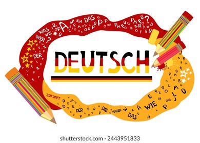 Deutsch. Translation: "German". Learning German Online education concept. German language hand drawn doodles and lettering. Language education Vector illustration for education, foreign language study