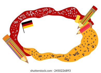 Deutsch. Translation: "German". Learning German. Online education concept. German language hand drawn doodles and lettering. Language education illustration. 