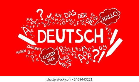 Deutsch. Translation: "German". Learning German Online education concept. German language hand drawn doodles and lettering. Language education Vector illustration for education, foreign language study