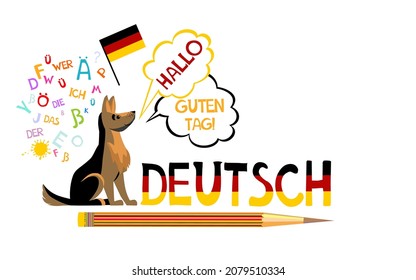 Deutsch. Translation: "German". Learning German. Training concept. Online education concept. German language hand drawn doodles and lettering. Language education Vector illustration.