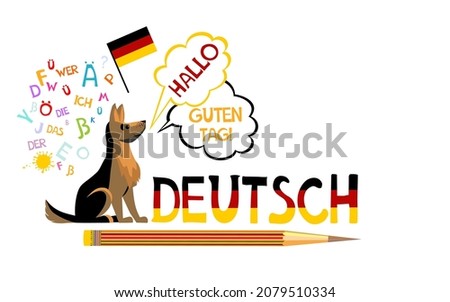 Deutsch. Translation: "German". Learning German. Training concept. Online education concept. German language hand drawn doodles and lettering. Language education Vector illustration.
