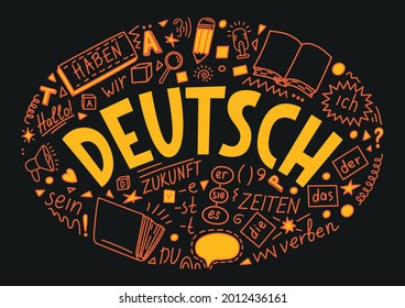 Deutsch. Translation:"German". Language doodle. Der, die, das, er,sie, es,ich, haben,zeiten,sein, zukunft, hallo, verben, du. Translation:the, he, she, it, me, have, times, be, future, hello, verb,you