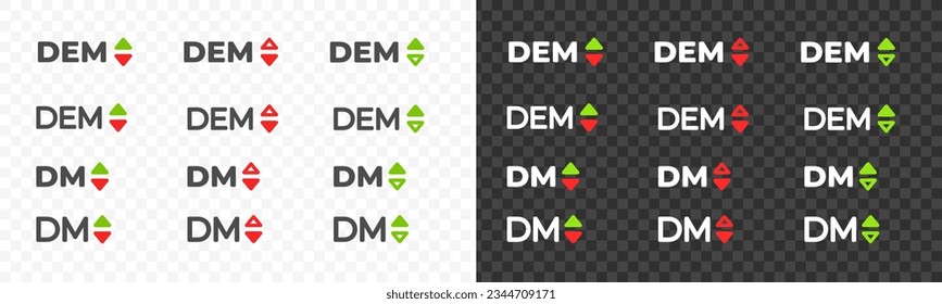 Deutsche Mark, DEM with up and down arrow currency exchange rate vector design. Foreign currencies and exchange rates value graphic design. Currency trade chart icons