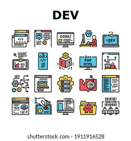 Dev Code Occupation Collection Icons Set Vector. Dev Application And Software, Hacking And Coding, Development App And Debug Fixing Concept Linear Pictograms. Contour Color Illustrations