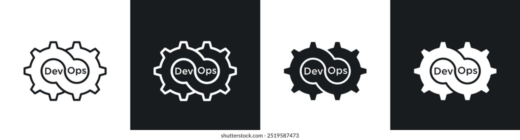 Dev Ops icon collection in black and white filled and stroke line style.