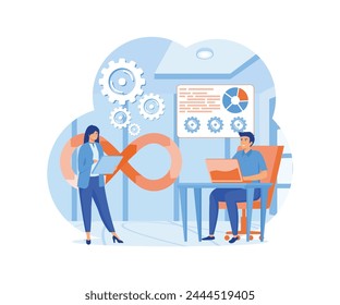 Dev0ps engineers web design with people. Dev0ps work with computers scene. flat vector modern illustration 