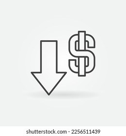 Devaluation Arrow with Dollar Sign vector Currency Value Lowering concept linear icon or symbol