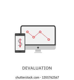 Devaluation. Crisis concept, red arrow sign, phone and laptop Vector illustration