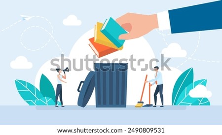 Devaluation of education and training. Paper pollution problem. Opened lid container for storing, recycling and sorting used household paper waste. Vector illustration