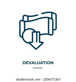 Icono de devaluación. Ilustración vectorial lineal de la colección de economía. Esquema del vector de icono de devaluación. Símbolo de línea delgada para uso en aplicaciones web y móviles, logotipo, medios impresos.