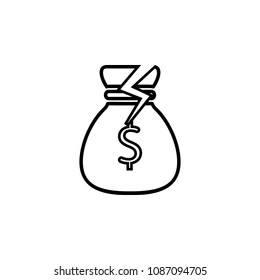 Devaluation and inflation. Broken purse dollar sign vector line icon on white background