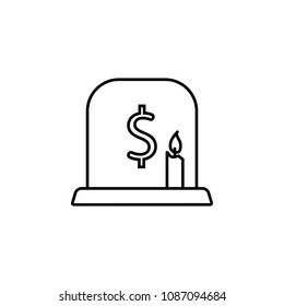 Devaluation and inflation. Gravestone, candle, R.I.P. money dollar sign vector line icon on white background