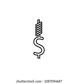 Devaluation and inflation. Hanged, R.I.P. money dollar sign vector line icon on white background