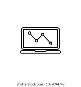 Devaluation and inflation. Laptop with diagram fall chart symbol. Vector line icon on white background