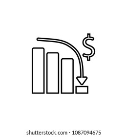 Devaluation and inflation. Money dollar sign fall chart arrow down vector icon on white background