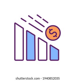 Devaluation RGB color icon. Country currency value lowering. Economic crisis. Recession. Exchange rate. Stock market crash. Monetary unit downward adjustment. Isolated vector illustration