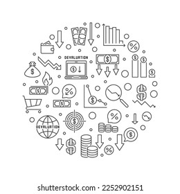 Banner mínimo de la ronda de devaluación. Ilustración de línea delgada circular del vector de crisis financiera
