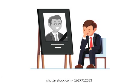 Devastated business man mourning over death of colleague or relative suffering from psychological pain & loss. Sitting next to photograph with black ribbon in frame. Flat vector character illustration