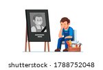 Devastated handyman mourning over death of construction worker colleague or relative suffering psychological pain & sense of loss. Sitting next to photograph of deceased. Flat vector illustration
