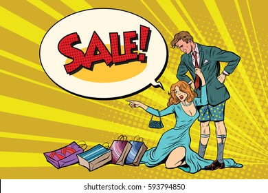 Devastated husband without pants and wife wants to sale. Pop art retro vector illustration