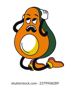 Devastated or scared avocado character standing on knees and holding head. Emotional berry or vegetable showing emotions expression. Emoji or emoticon, sticker or personage. Vector in flat style