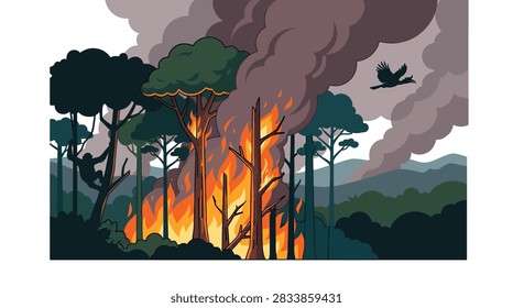A devastating forest fire with thick smoke engulfing trees, showing a bird flying away and an ape in a burning jungle landscape.