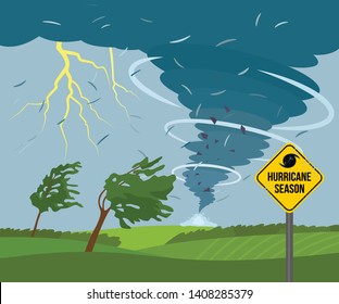 A devastating tornado in the countryside is breaking trees. bad weather landscape and road sign of disaster and warning. Flat Vector Illustration