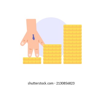 develop business and career advancement, increase sales or investment returns, growth and increase company profits, increase salaries and income. hands and piles of coins. flat cartoon illustration