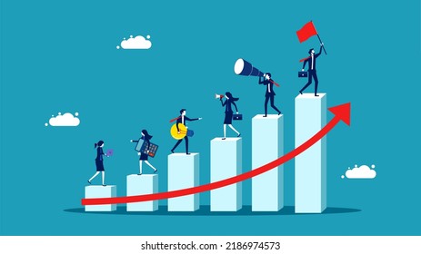 Develop a business to grow. A team of business people working on improving the bar graph