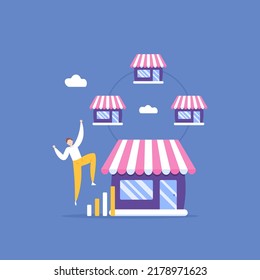 Develop Business And Improve Shop. Property Investment Business. Add And Multiply Store Branches. Franchise Business. An Entrepreneur Is Happy Because He Has Many Businesses. Illustration Concept