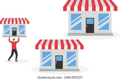 develop business and improve shop. property investment business. add and multiply store branches. franchise business. An entrepreneur is happy because he has many businesses. illustration concept

