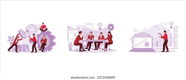 Develop a business marketing development plan. Plan marketing improvements. Analyze the marketing process. Marketing concept. Set Trend Modern vector flat illustration