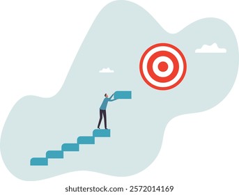 Develop business plan to achieve target, build stair to success or career growth, action plan or effort to reach goal,business concept.flat character.