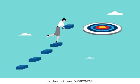 develop business strategies to achieve goals and targets, efforts to achieve success, success step to achieve success, businesswoman build stairs to achieve success