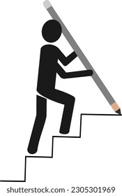Desarrollar el éxito empresarial. Estrategia para alcanzar el objetivo empresarial o el concepto de deseo de carrera. Los hombres de negocios inteligentes usan un lápiz grande para levantar escaleras y subir escaleras. Diseño de vectores reemplazables.
