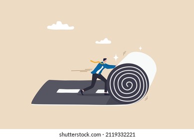 Develop career path or create success way, begin new road to achieve target or entrepreneur plan ahead way their own way concept, confident businessman rolling the road carpet to walk to success.
