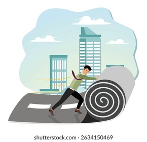 Develop career path or create success way concept, confident businessman rolling the road carpet to walk to success.