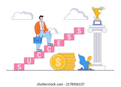 Develop career route or create to achievement way, start new path to reach goal, or entrepreneur plan ahead and go their own way concepts. Confidence businessman step walking up stair of success. svg